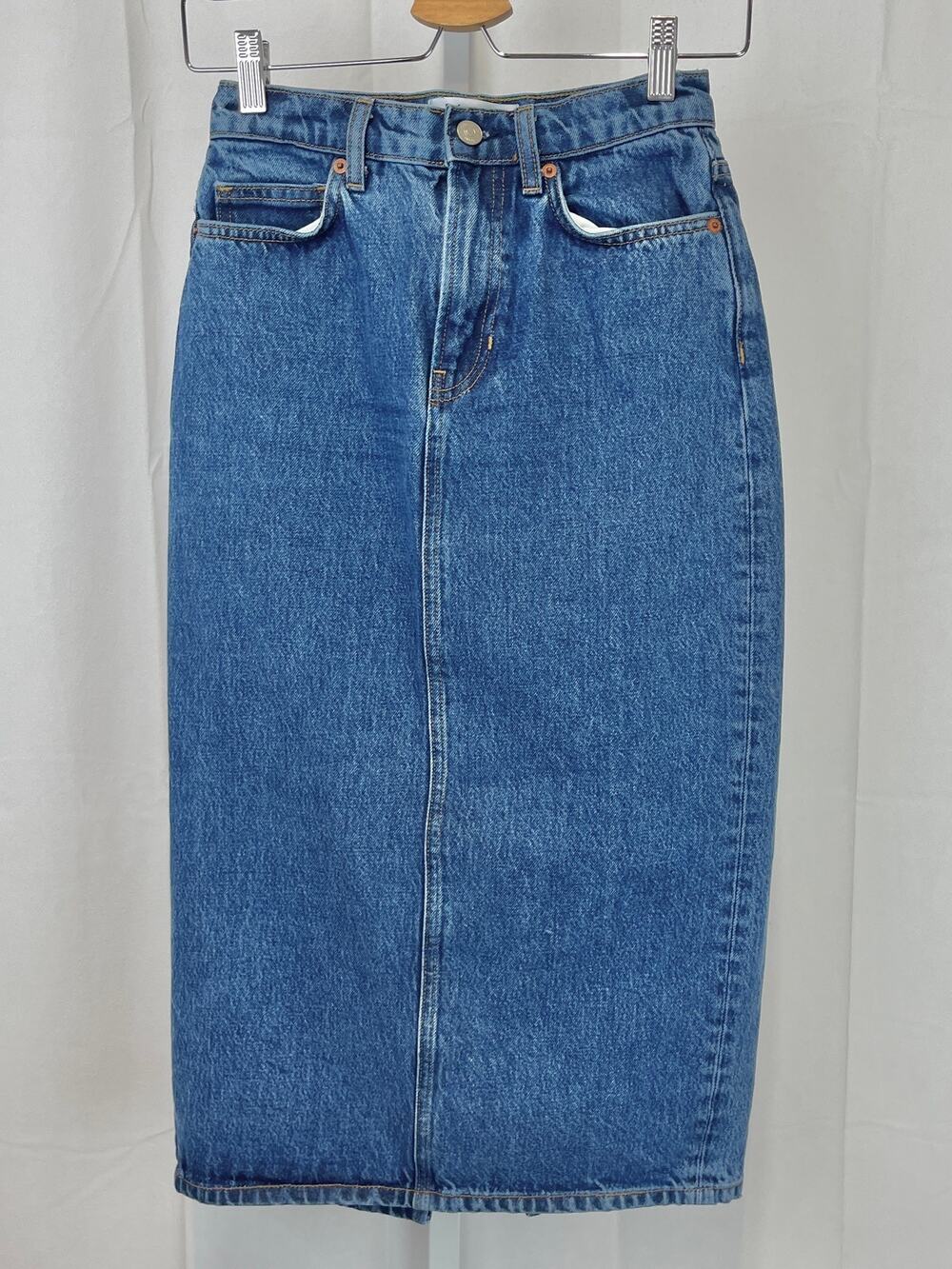 REFORMATION Jayde High Rise Denim Midi Skirt Organic Cotton Lyocell Blue Size 24